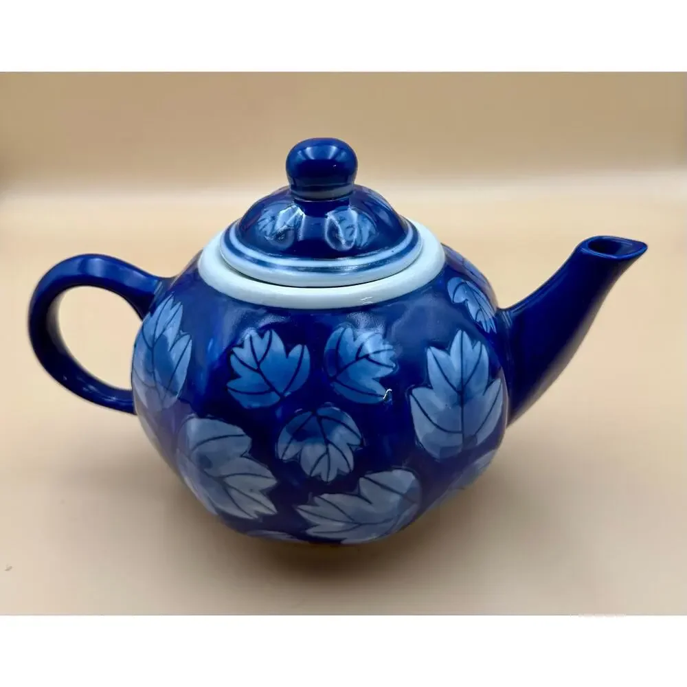 DesignPac Cobalt Blue Leaf 3-Pc Tea Set Teapot Sugar Bowl Creamer China